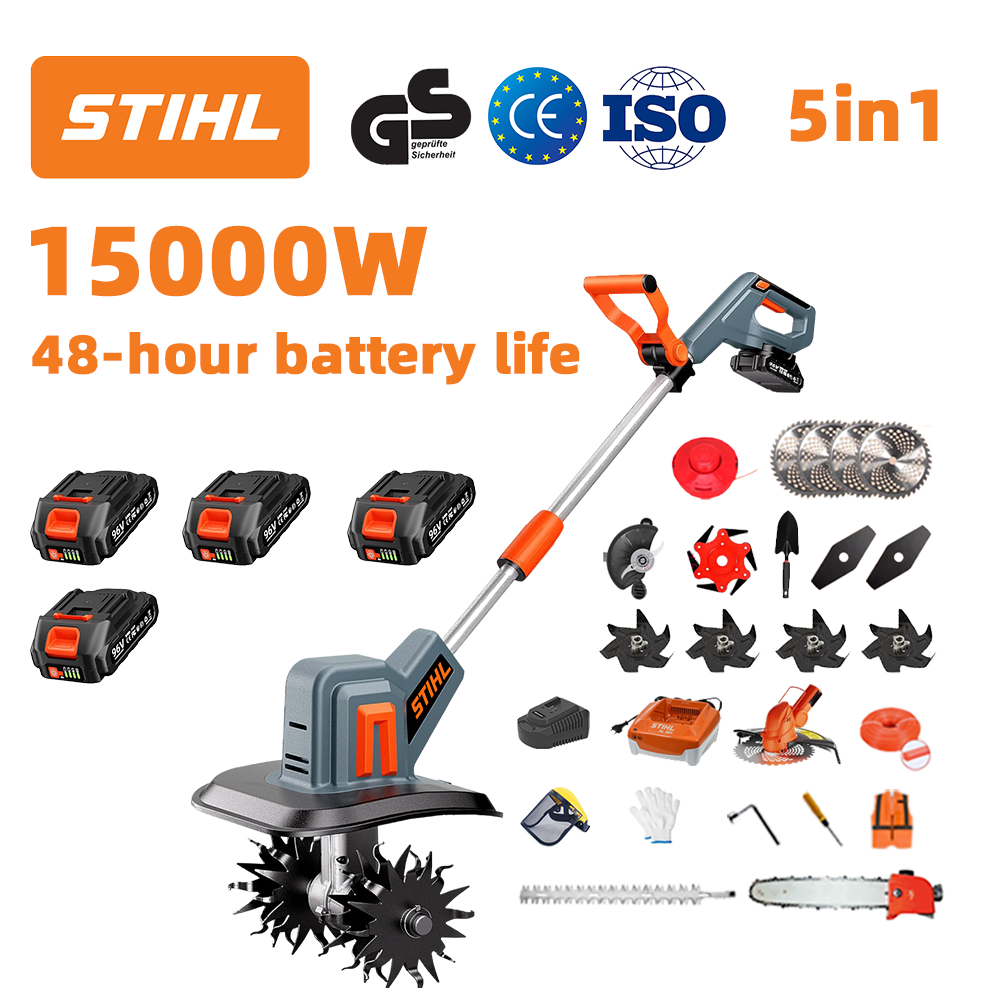 (Trajanje baterije: 48 sati) Plug od 15000 W + 96 V litijska baterija * 4 + rezna glava * 1 + pila * 1 + glava škara za živicu * 1 + brzi punjač * 1 + lopata * 1 + ravna oštrica * 2 + oštrica pluga * 4 + list pile od legure * 1 + rezna oštrica * 1 + rezno uže * 1 + razni dodaci